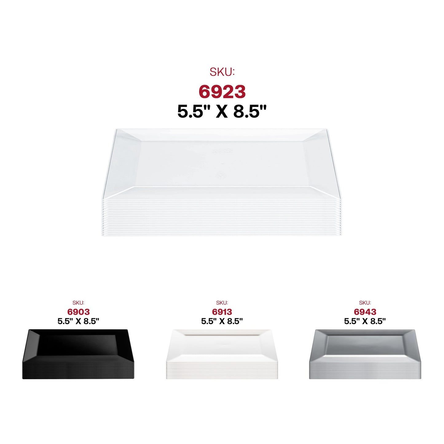 Sleek clear rectangular dessert plates, 5.5 x 8.5 inches, made of plastic, disposable