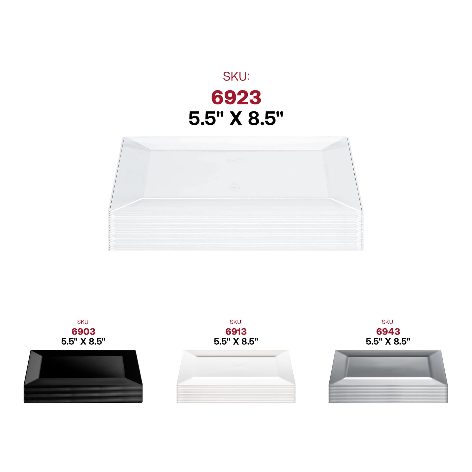 Sleek clear rectangular dessert plates, 5.5 x 8.5 inches, made of plastic, disposable