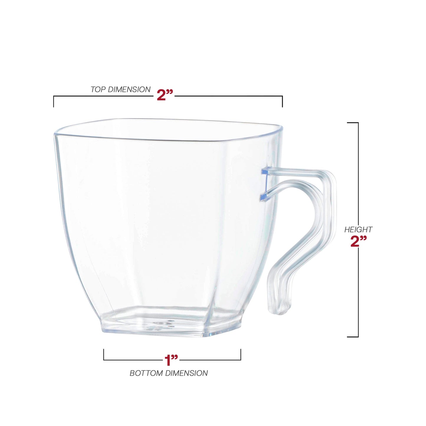 Sleek clear square plastic mini cups with a 2" x 2" design, 2 oz. capacity, stylish and practical for coffee tastings and tea samplings