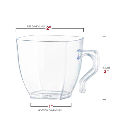 Sleek clear square plastic mini cups with a 2" x 2" design, 2 oz. capacity, stylish and practical for coffee tastings and tea samplings