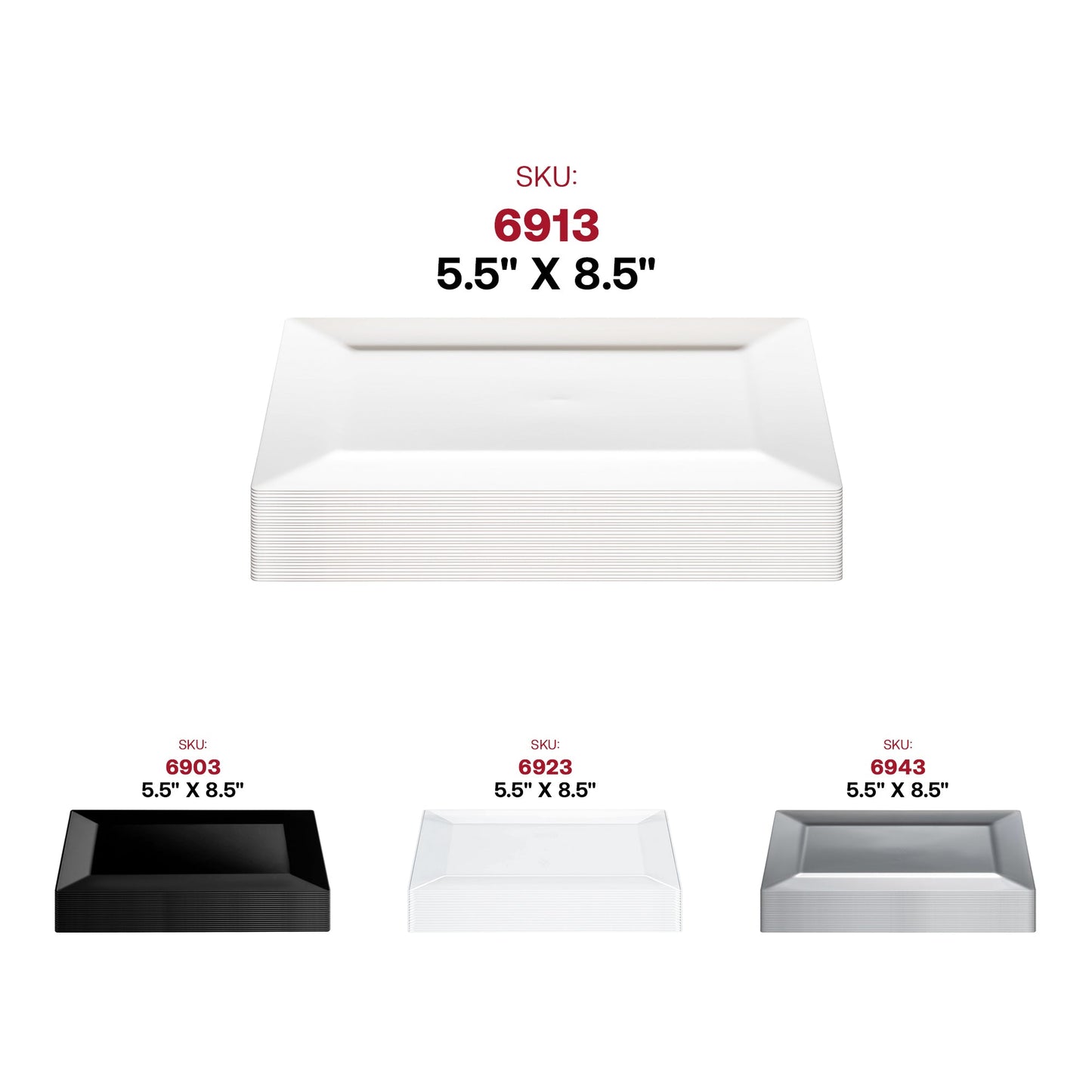 Sleek white rectangular dessert plates, 5.5 x 8.5 inches, made of plastic, disposable