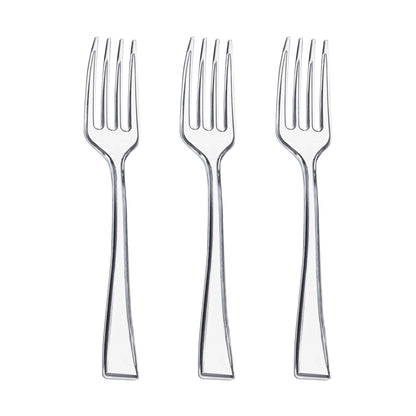 Small clear plastic tasting forks, 4-inch disposable utensils, ideal for samplers, hors d'oeuvres, and party bites