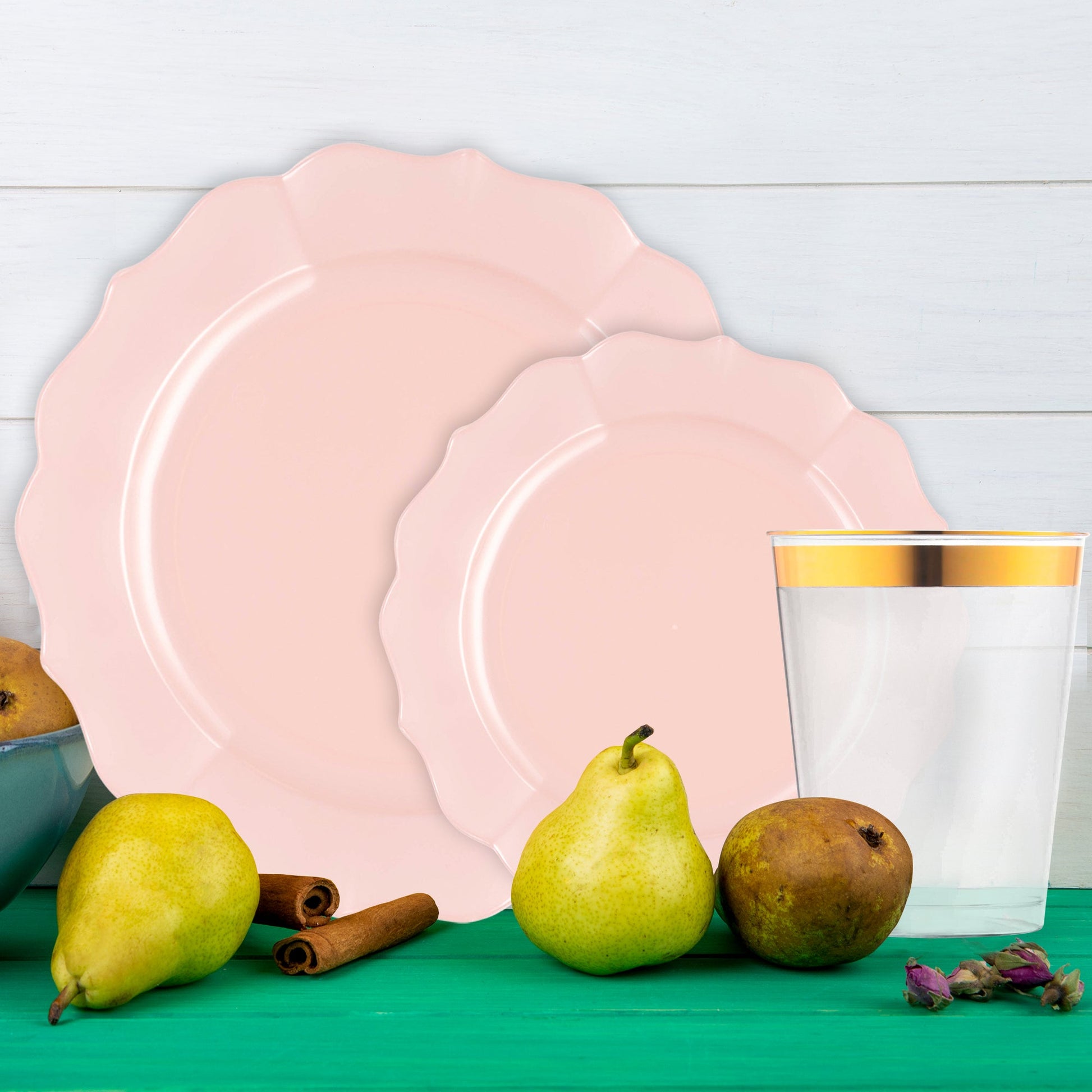 Soft pink Lotus plates with a pearl finish are perfect for charming feminine events.