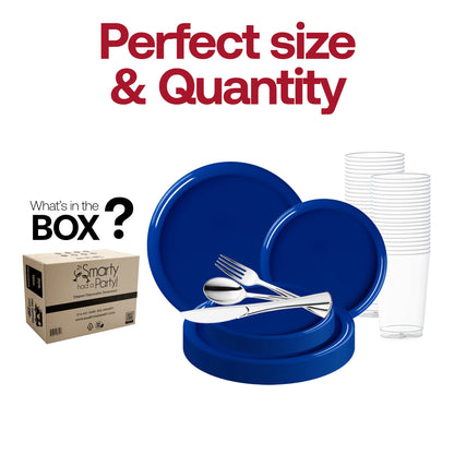 Solid Blue Flat Round Disposable Plastic Wedding Value Set includes dinner plate 10", appetizer plate 8.5", fork 7.25", knives 8", spoons 6.25", and cups 4.5" for a complete set