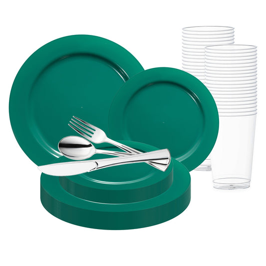 Solid Green Holiday Round Disposable Plastic Wedding Value Set with silver cutlery, featuring a bold green design and sleek silver cutlery, perfect for creating a festive atmosphere at your holiday gathering