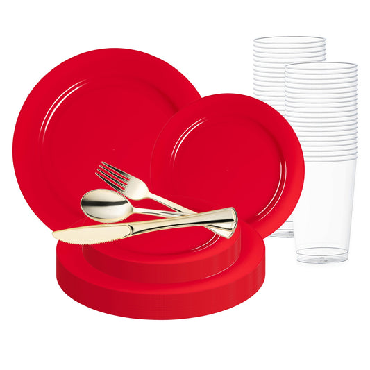 Solid Red Holiday Round Disposable Plastic Wedding Value Set with gold cutlery, featuring a vibrant red design with elegant gold cutlery, perfect for adding a festive touch to your holiday celebrations