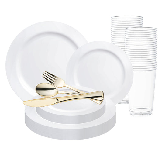 Solid White Economy Round Disposable Plastic Wedding Value Set, crafted for an elegant yet budget-friendly table setting with a timeless white finish