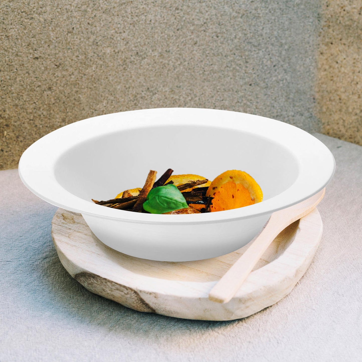 Solid White Edge Rim Round Disposable Plastic Dessert Bowl filled with vibrant fruit salad and mint garnish