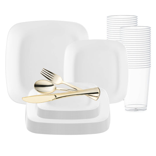 Solid White Flat Rounded Square Disposable Plastic Wedding Value Set with Gold Cutlery, designed for a chic and elegant dining experience with its modern square shape and luxurious gold cutlery
