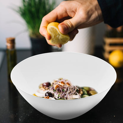 Solid White Organic Round Disposable Plastic Dessert Bowl filled with a colorful mix of olives and fresh vegetables