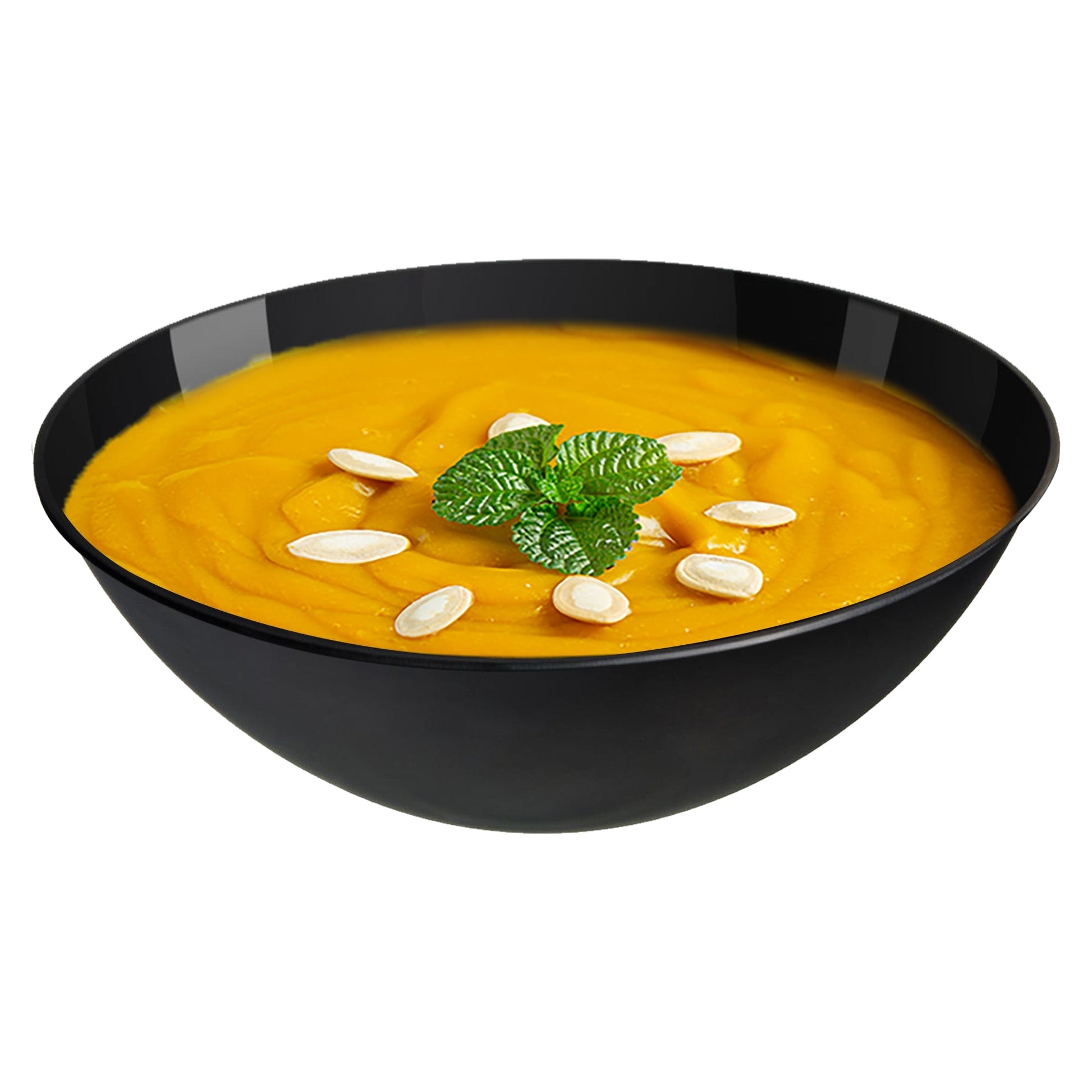 Solid black plastic bowls with organic round edges, 100 oz. capacity, disposable, pack of 24