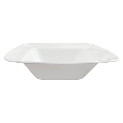 Solid white disposable plastic dessert bowls with a rounded square shape