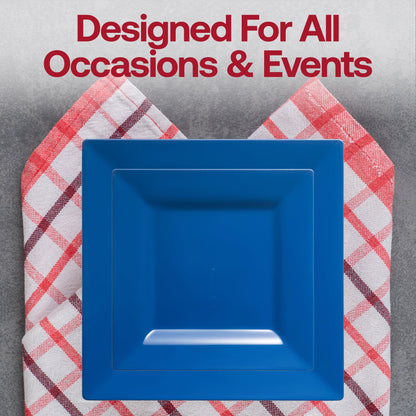 Square midnight blue plastic dinner plates, 9.5 inches, ideal for serving meals at formal or casual celebrations