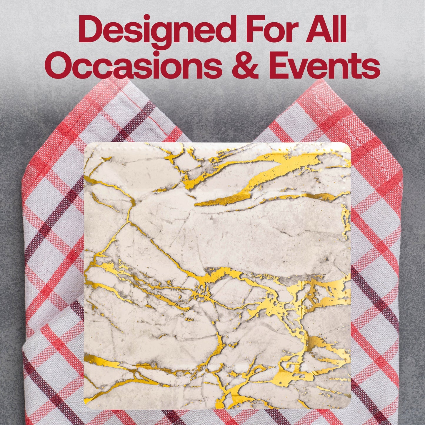 Square white disposable charger plates with a striking gold marble design, ideal for special occasions