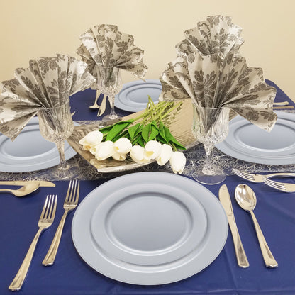 Steel gray 7.5" salad plates displayed on a bold dinner setup with cool-toned details and minimalist tableware