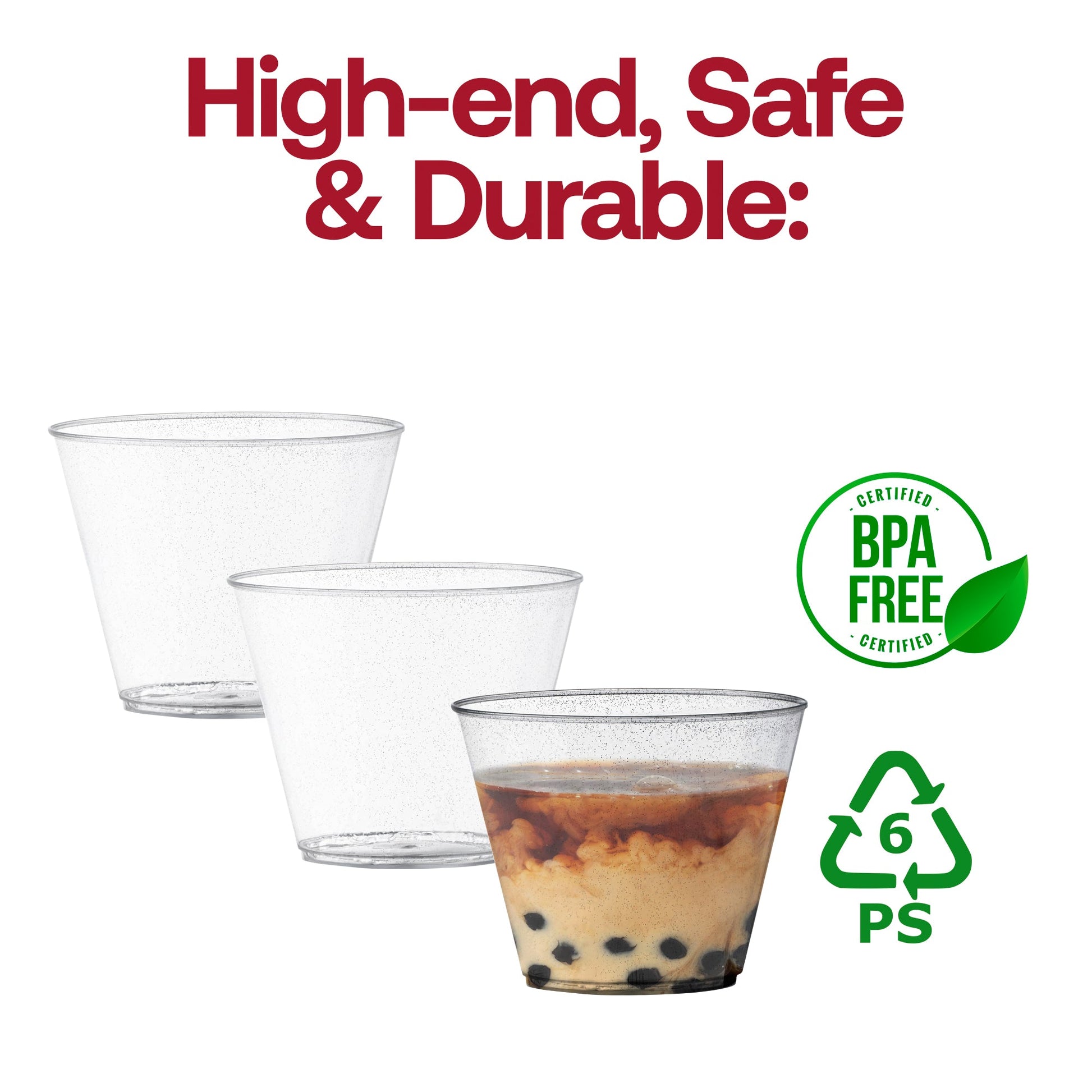 Sturdy 9 oz plastic cups with a silver glitter finish, resistant to cracks, and BPA-free