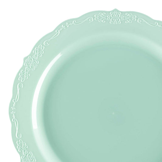 Stylish 120-pack of turquoise vintage-style disposable plastic dinner plates, 10 inches in size, ideal for formal occasions.