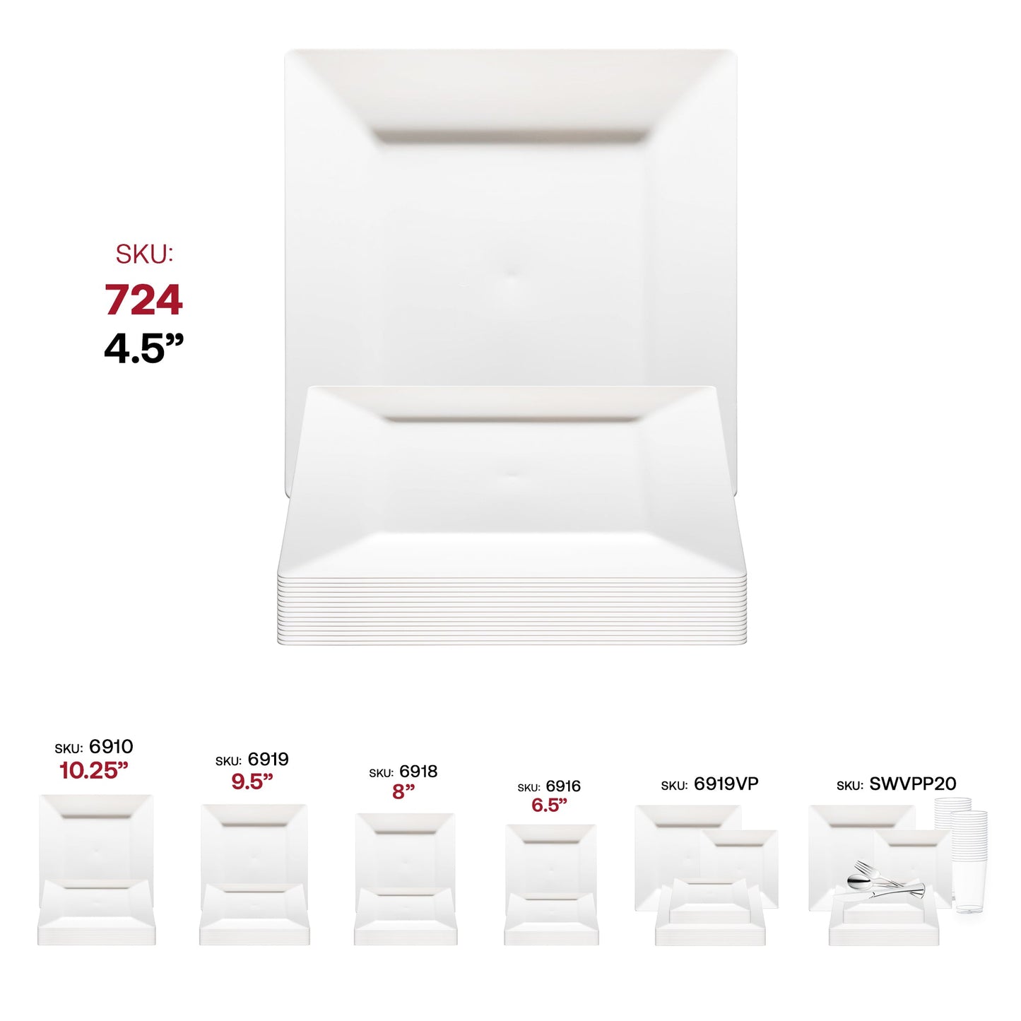 Stylish 4.5-inch square plastic plates in white, durable and disposable, perfect for pastries or small desserts