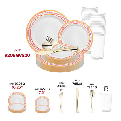 Stylish dining scene featuring the White with Red and Gold Chord Rim Plastic Wedding Value Set, adding a festive touch to your special day