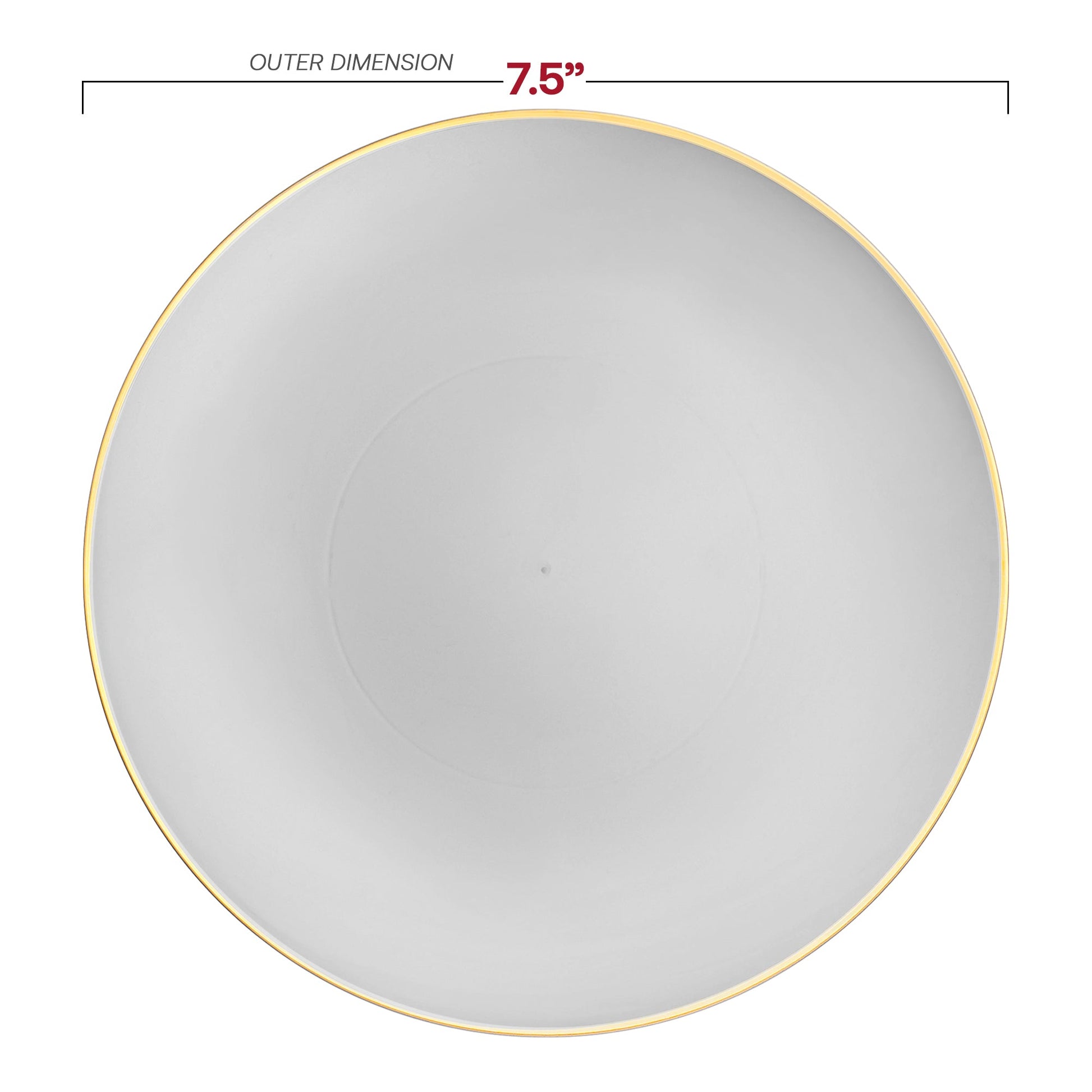 Stylish disposable round gray plates with a decorative gold rim, 7.5-inch diameter, perfect for serving salads or appetizers, set of 120