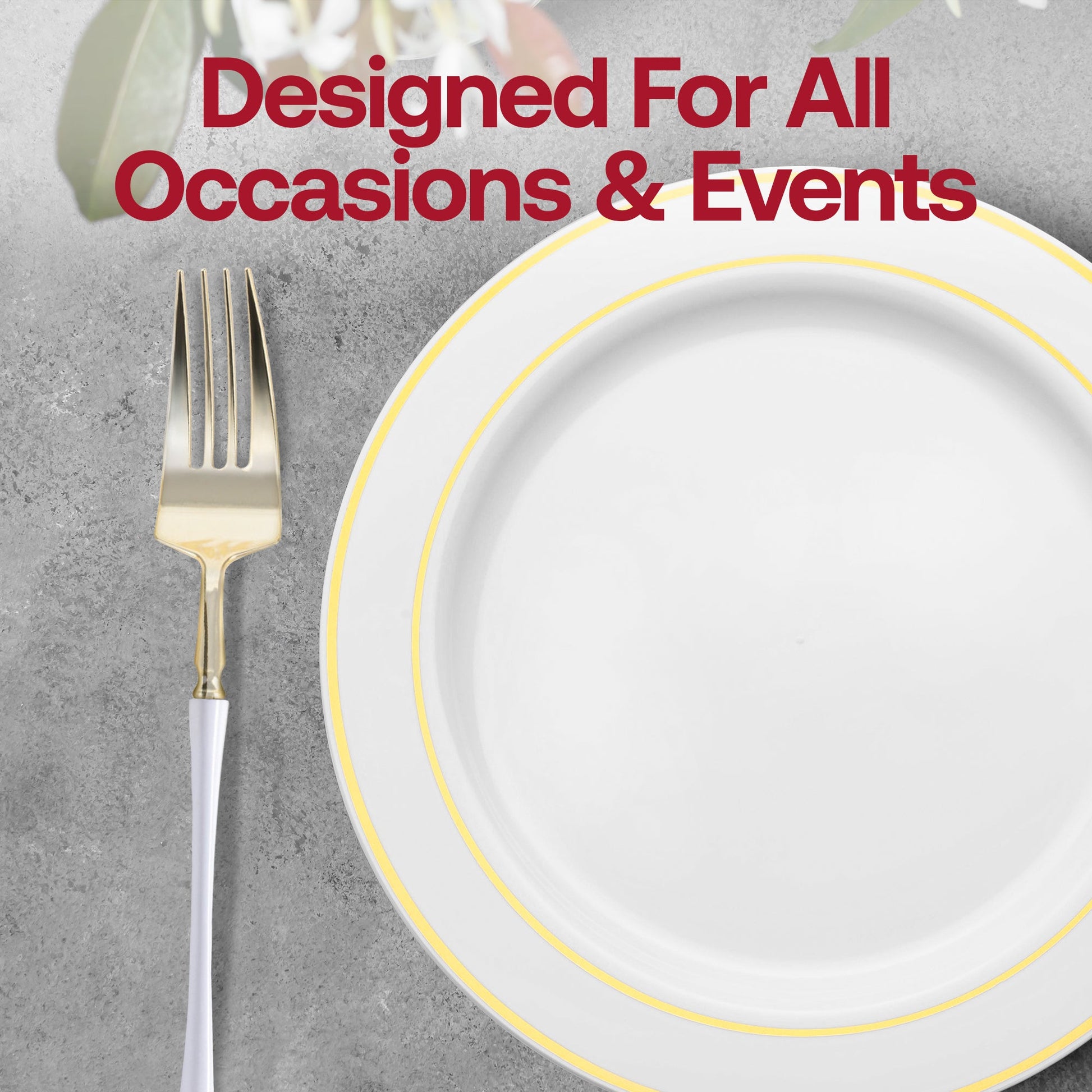 Stylish gold disposable dinner forks featuring sleek white handles, perfect for elegant events, sold in a 240-count case