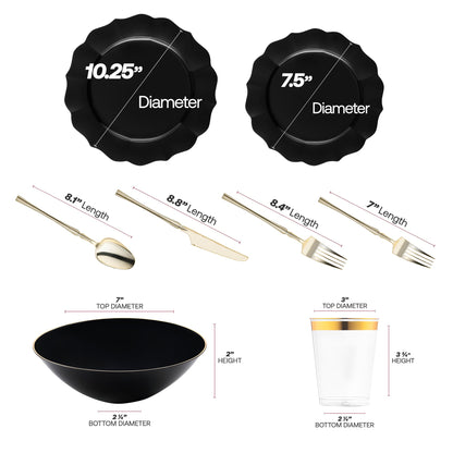 Stylish table setting showcasing Black Round Lotus dinnerware with gold cutlery, suited for luxurious events