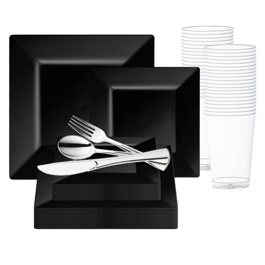 The Black Square Plastic Wedding Value Set with its sleek design brings bold sophistication to grand weddings and elite events