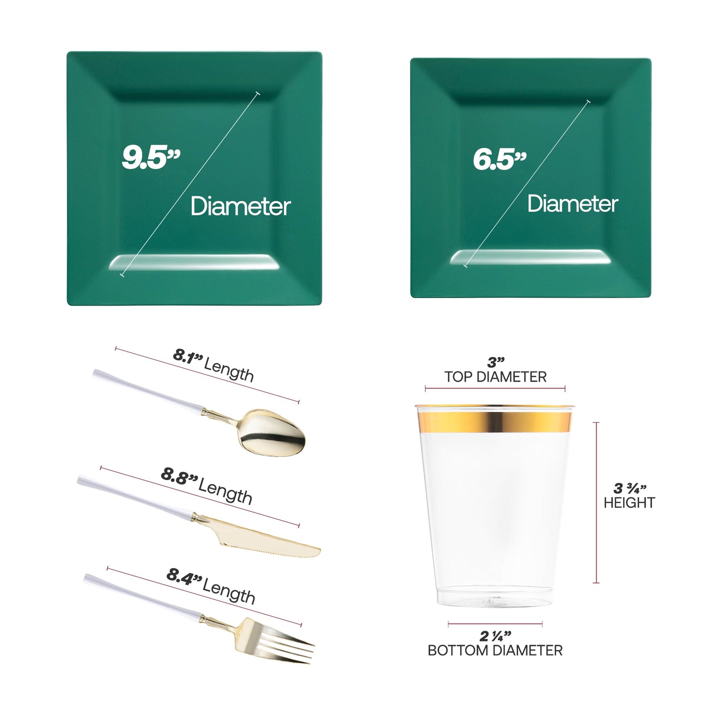 The Hunter Green Square Disposable Plastic Tableware Set includes 9.5-inch dinner plates, 6.5-inch appetizers, cutlery, and 4.5-inch cups