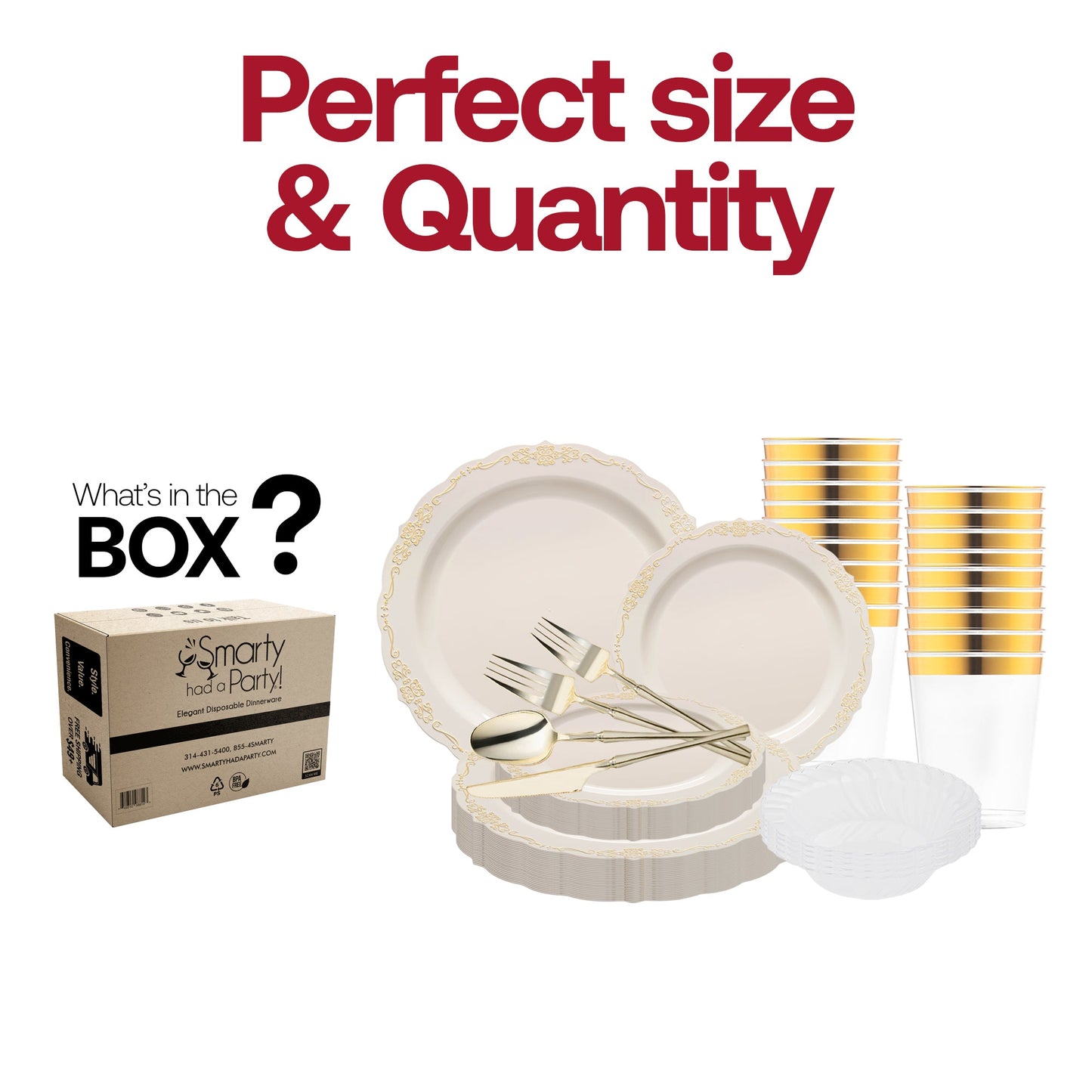 The Ivory with Gold Vintage Tableware Set includes 10” plates, 7.5” appetizers, forks, knives, spoons, 6.25” bowls, and 3.75” cups