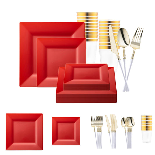 The Red Square Disposable Plastic Tableware Set with gold cutlery infuses vibrant sophistication into weddings, galas, and luxurious events.