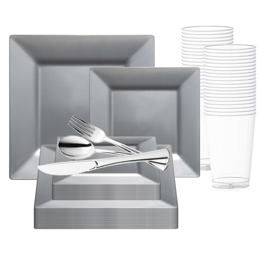 The Silver Square Plastic Wedding Value Set with silver cutlery exudes contemporary sophistication for weddings and grand occasions