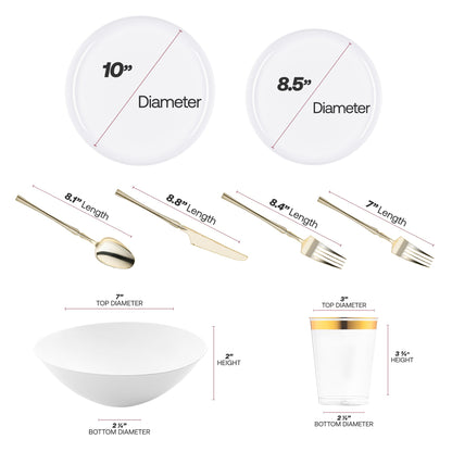The White Flat Round Tableware Set includes 10” dinner and 8.5” appetizer plates, full cutlery set, 7” bowls, and 3.75” cups
