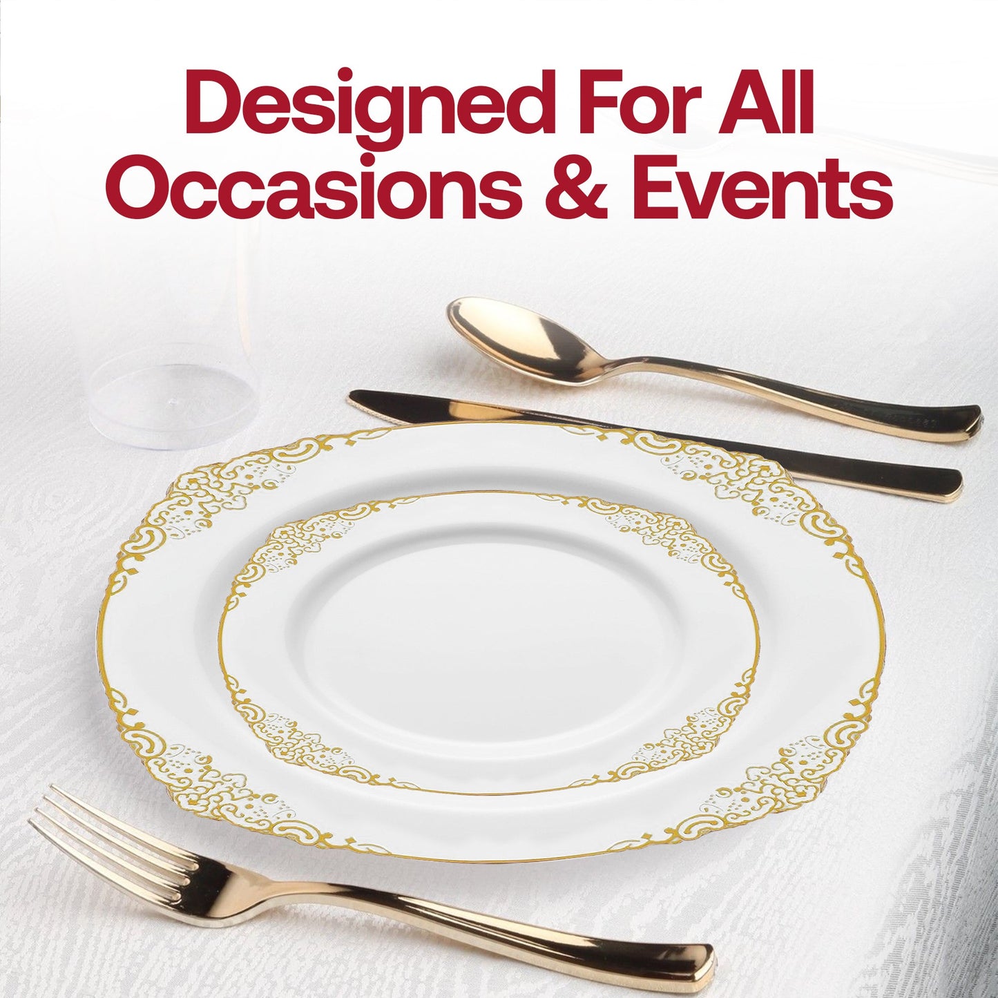 The White with Gold Fancy Round plates elevate every tablescape with their detailed rim and classic elegance