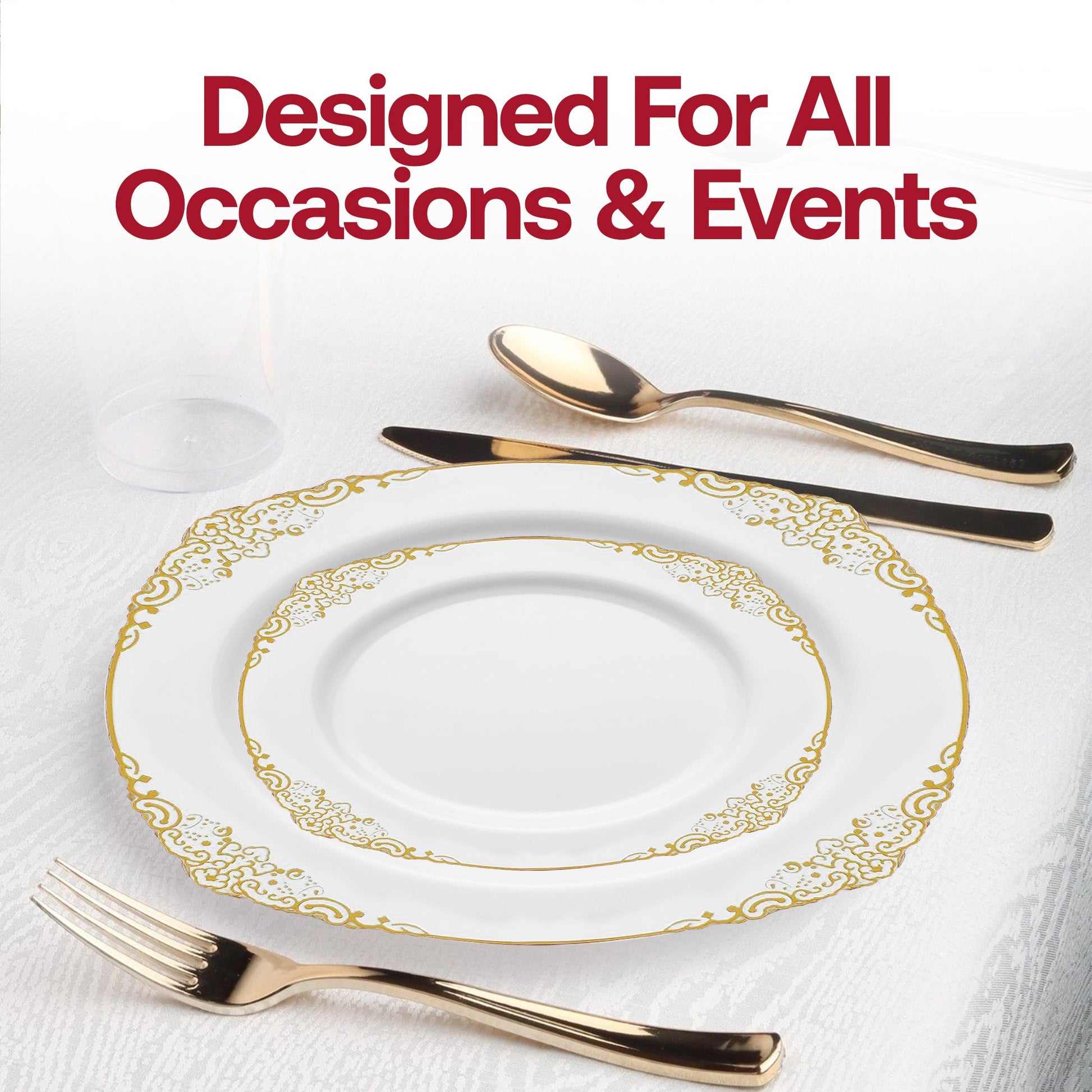 The White with Gold Fancy Round plates elevate every tablescape with their detailed rim and classic elegance