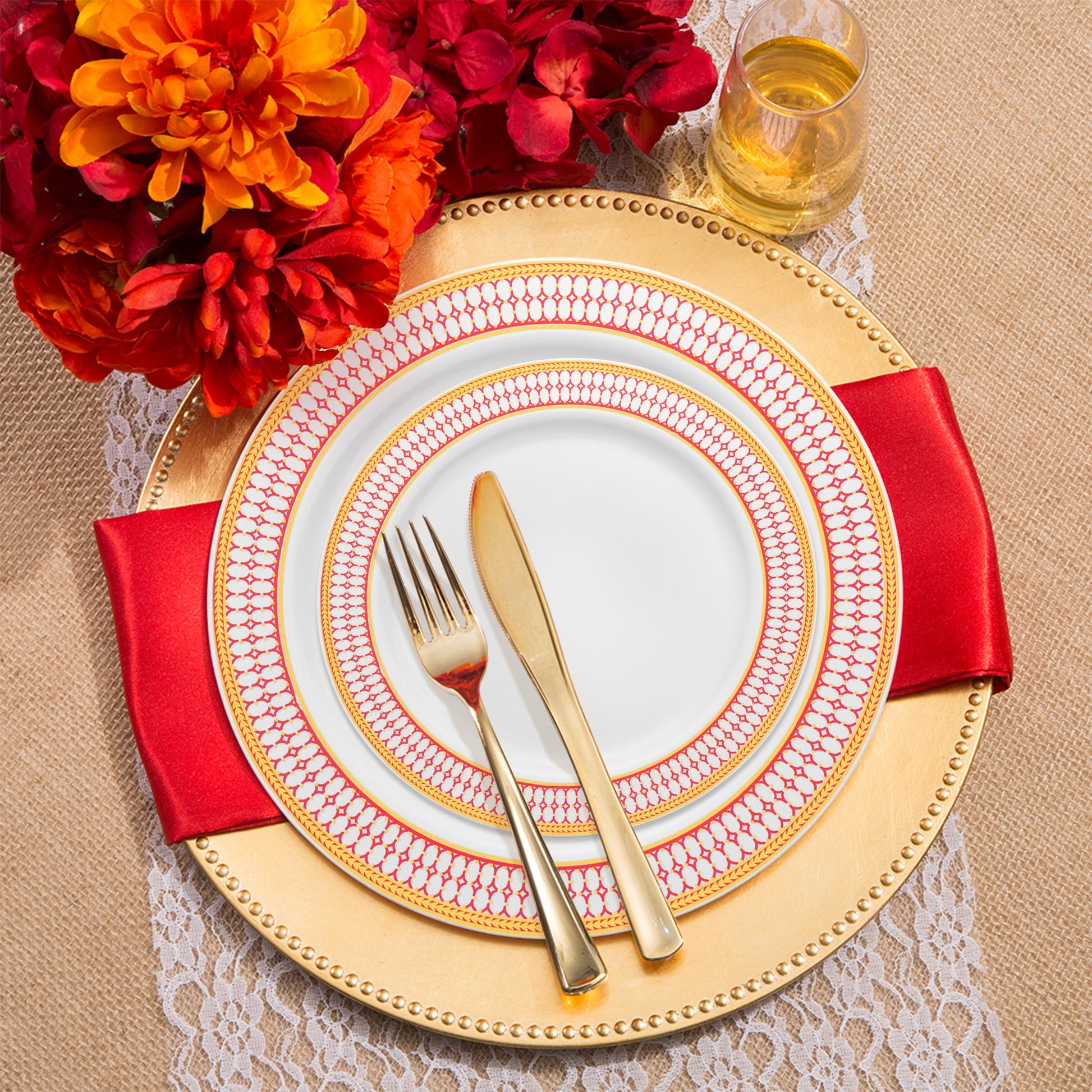 The White with Red and Gold Chord Rim Plastic Wedding Value Set offers the perfect size and quantity for any formal gathering or celebration