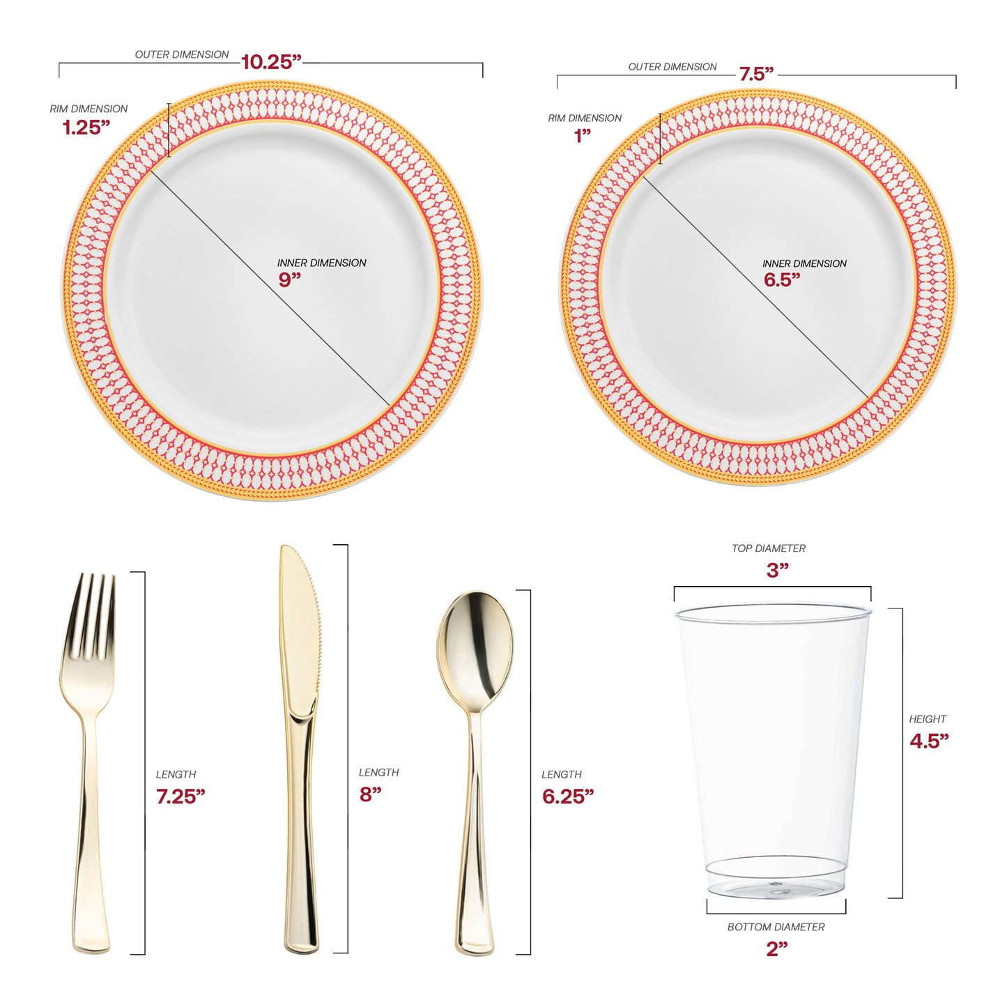 This White with Red and Gold Chord Rim Plastic Wedding Value Set is crafted from recyclable, BPA-free plastic for a safe and eco-friendly celebration