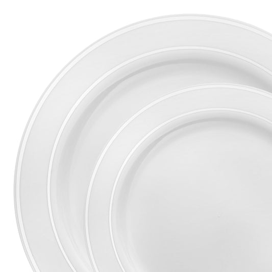 This disposable dinnerware set combines classic white with a silver edge rim, perfect for adding a touch of luxury to your table