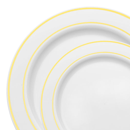 This sophisticated disposable dinnerware set pairs classic white with a gleaming gold edge, bringing a refined touch of luxury to any celebration