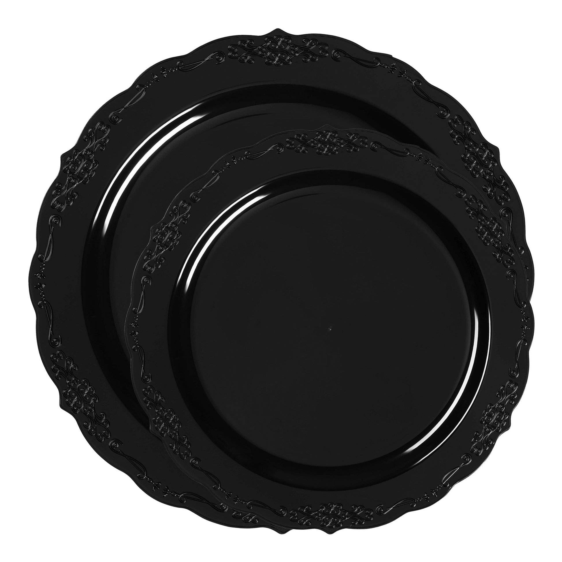 This stylish disposable dinnerware set features black plates with a vintage rim, perfect for any formal or casual occasion