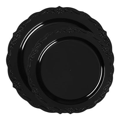 This stylish disposable dinnerware set features black plates with a vintage rim, perfect for any formal or casual occasion
