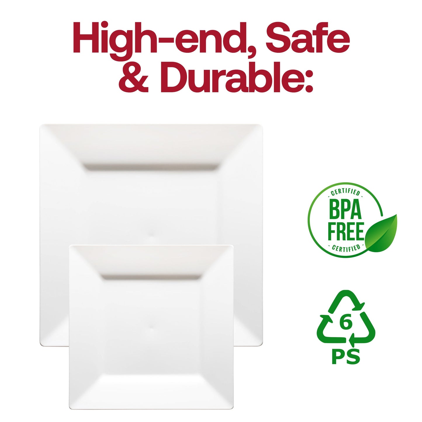 Top-quality white square plastic plates, 8-inch size, durable, food-safe, BPA-free