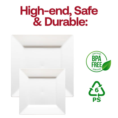 Top-quality white square plastic plates, 8-inch size, durable, food-safe, BPA-free