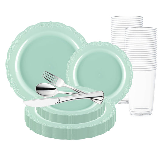 Turquoise Vintage Round Disposable Plastic Wedding Value Set with silver cutlery adds bold charm to elegant events