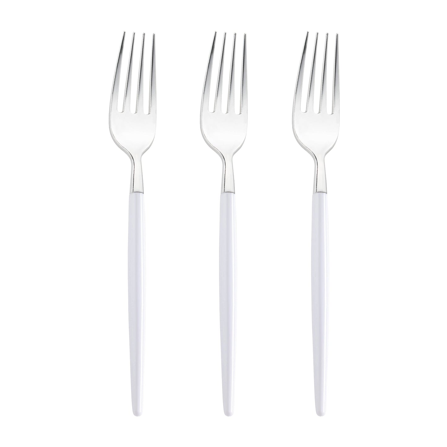Versatile disposable silver dinner forks featuring elegant white handles, perfect for events, bulk case of 240