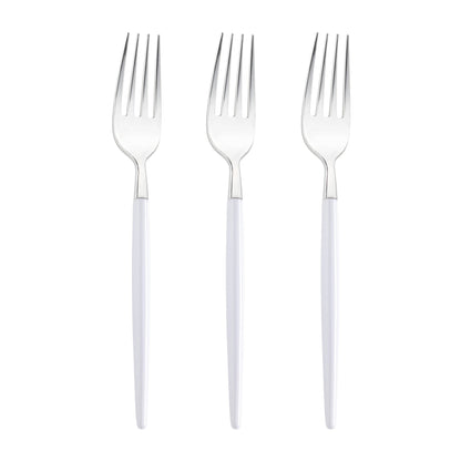 Versatile disposable silver dinner forks featuring elegant white handles, perfect for events, bulk case of 240