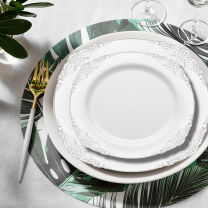 Well-sized for multi-course meals, this plate set provides perfect portions for stylish, generous serving