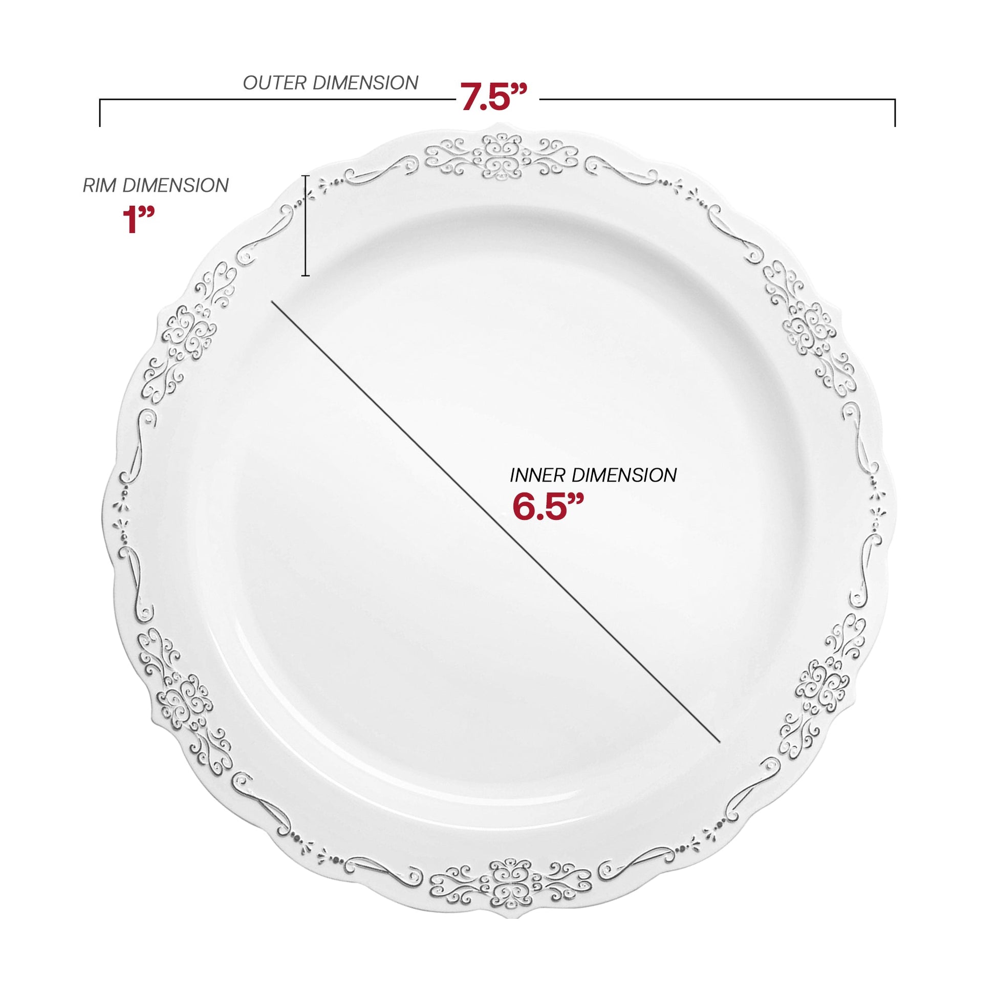 White with Silver Vintage Rim Round Disposable Plastic Dinnerware Value Set Dimension | Smarty Had A Party