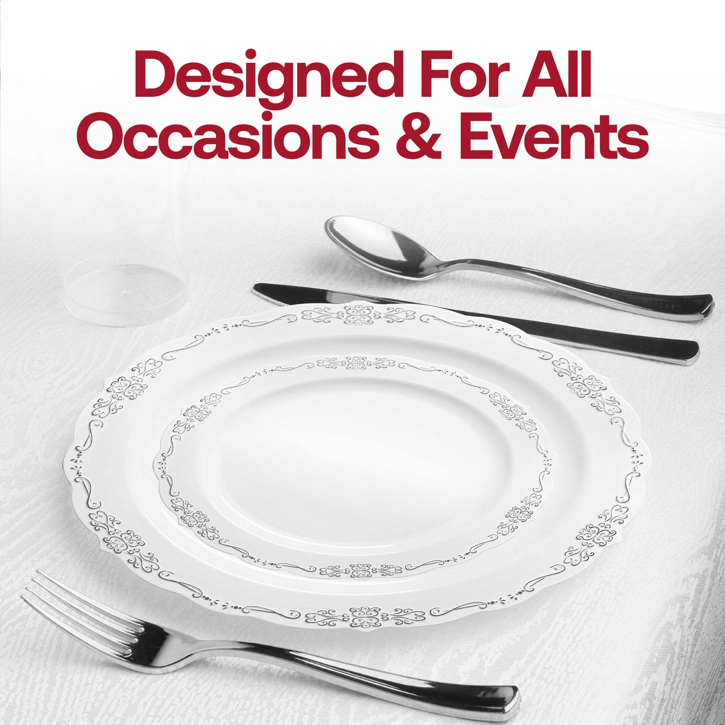 White with Silver Vintage Rim Round Disposable Plastic Dinnerware Value Set Lifestyle | Smarty Had A Party