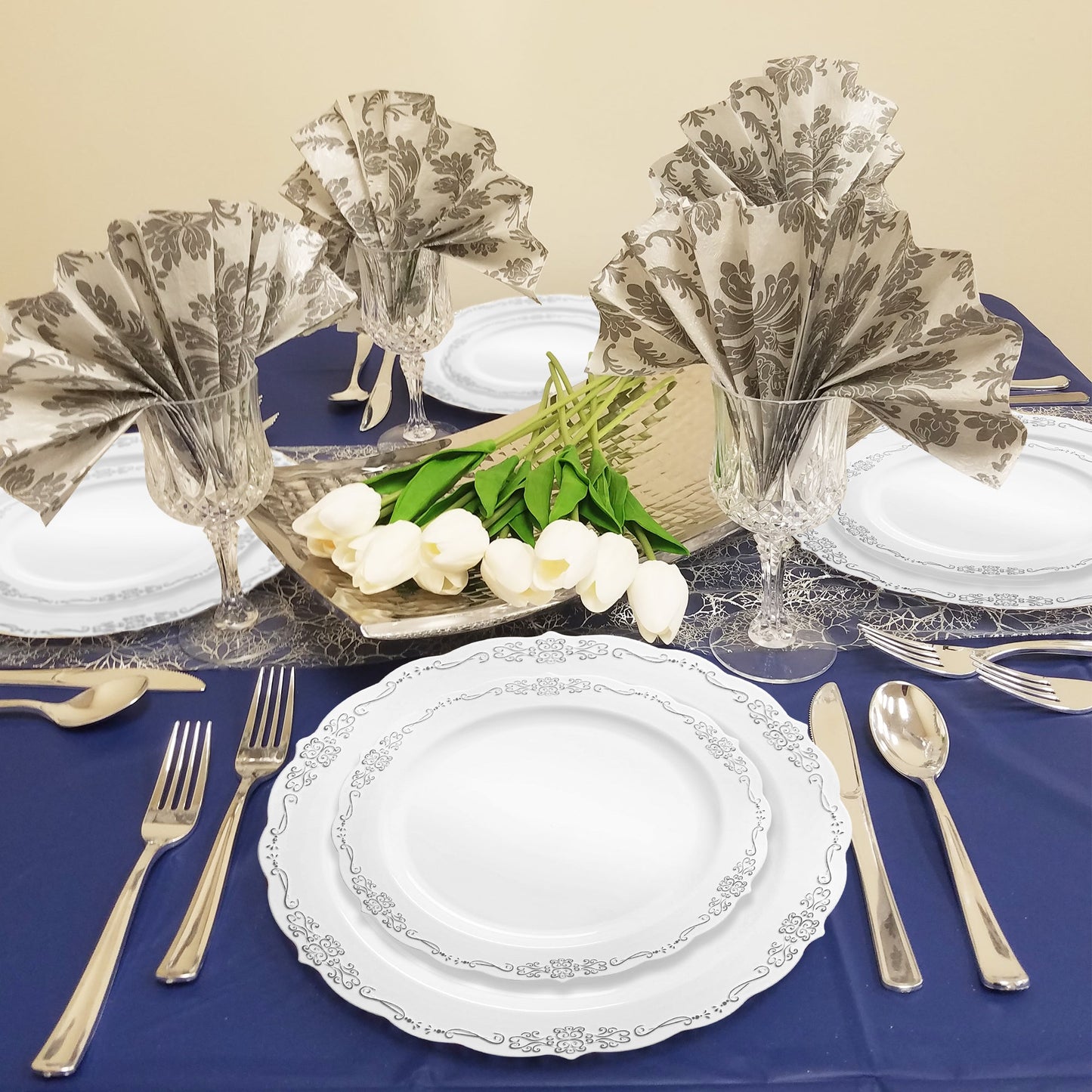 White with Silver Vintage Rim Round Disposable Plastic Dinnerware Value Set Lifestyle3 | Smarty Had A Party