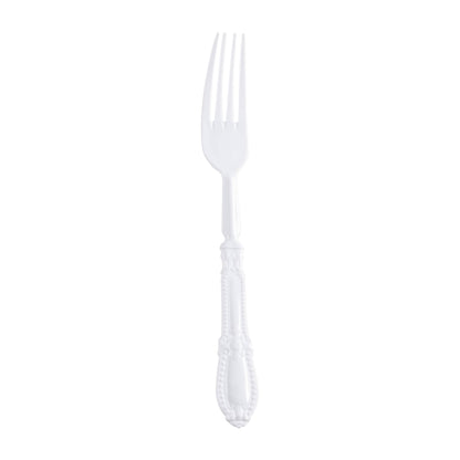 White Baroque disposable plastic dinner forks, 8 inches long, available in a 480-piece case
